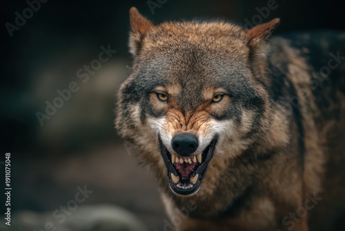 Plakat Angry wolf baring teeth in attack