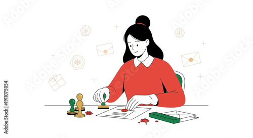 Woman Crafting With Stamps Sealing Envelopes For Holiday Greetings