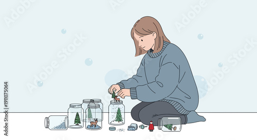 Woman Crafting Miniature Scenes Inside Glass Jars with Festive Winter Elements