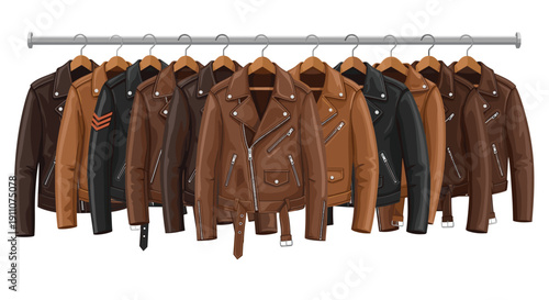 A long clothing rack holds a diverse collection of brown and black leather jackets, each with unique details and styles.