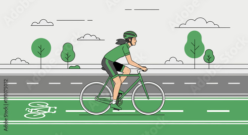 Woman Cycling On Dedicated Bike Path Through Green Landscape