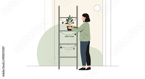 Woman Decorating a Plant for New Year's Eve in a Minimalist Illustrated Scene