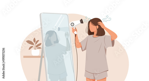 Woman Drying Her Hair With A Hairdryer In Front Of A Mirror