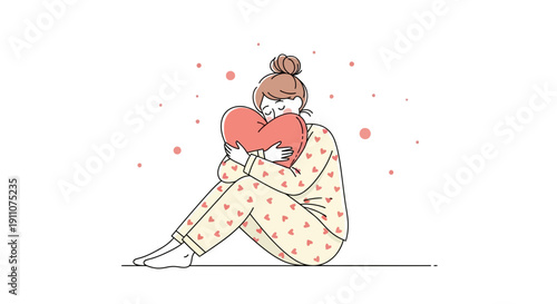 Woman Embraces Heart Pillow Symbolizing Self Love And Comfort