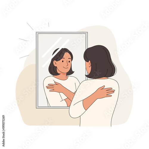 Woman Embracing Herself In The Mirror, Fostering Self-Love And Positive Self-Image Illustration