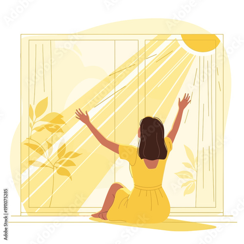 Woman Embracing Sunlight Through Window In A Peaceful Morning Setting