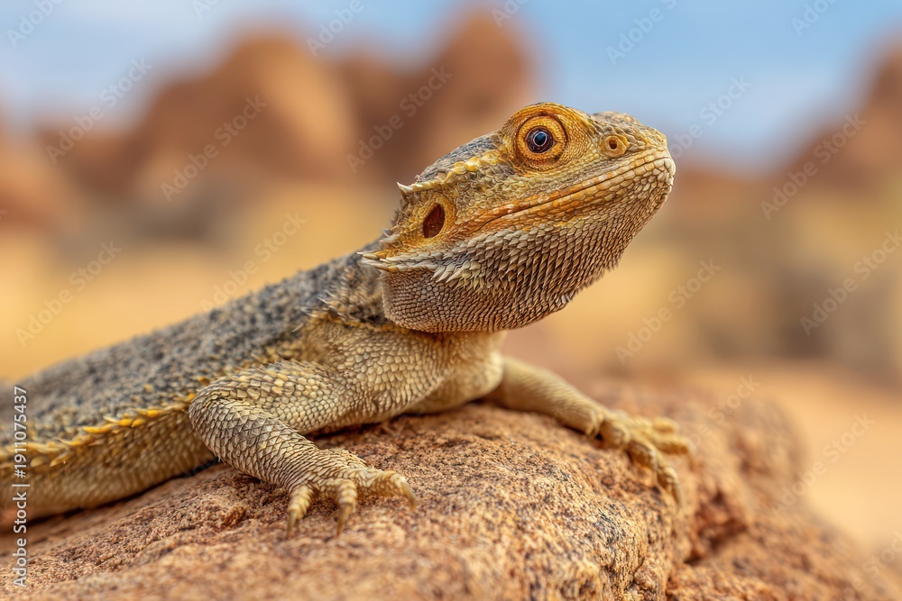Fototapeta premium Bearded dragon lizard sitting on sandstone habitat