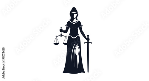 Black silhouette of Lady Justice standing blindfolded holding a sword and a set of balanced scales.