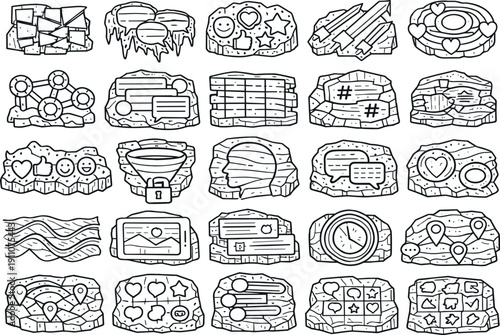Line vector icons of time-frozen social artifacts: static feed shards, crystallized comment threads, fossil emoji clusters,