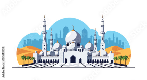 Modern flat vector illustration of Middle Eastern grand mosque with domes, minarets, marble courtyard, and palm trees under blue sky, showing peaceful Islamic architecture