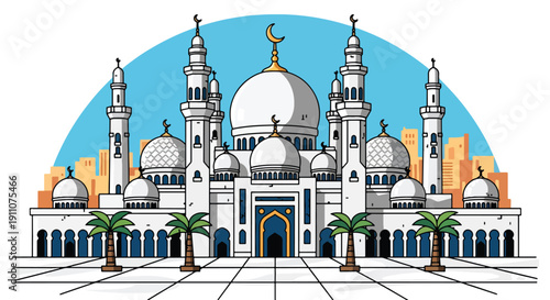 Modern flat vector illustration of Middle Eastern grand mosque with domes, minarets, marble courtyard, and palm trees under blue sky, showing peaceful Islamic architecture