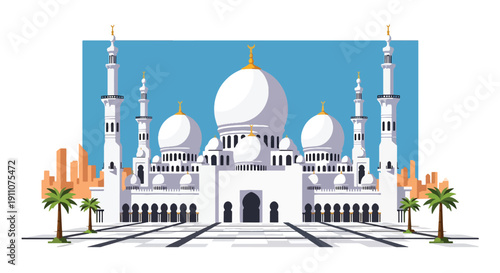Modern flat vector illustration of Middle Eastern grand mosque with domes, minarets, marble courtyard, and palm trees under blue sky, showing peaceful Islamic architecture