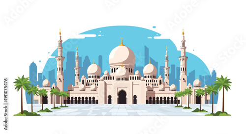 Modern flat vector illustration of Middle Eastern grand mosque with domes, minarets, marble courtyard, and palm trees under blue sky, showing peaceful Islamic architecture