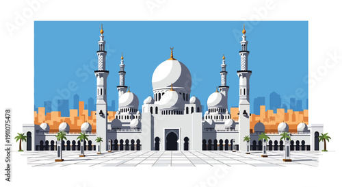 Modern flat vector illustration of Middle Eastern grand mosque with domes, minarets, marble courtyard, and palm trees under blue sky, showing peaceful Islamic architecture