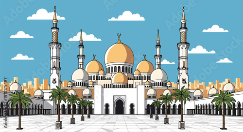 Modern flat vector illustration of Middle Eastern grand mosque with domes, minarets, marble courtyard, and palm trees under blue sky, showing peaceful Islamic architecture
