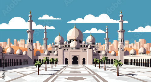 Modern flat vector illustration of Middle Eastern grand mosque with domes, minarets, marble courtyard, and palm trees under blue sky, showing peaceful Islamic architecture
