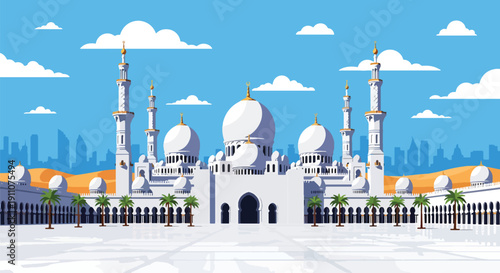 Modern flat vector illustration of Middle Eastern grand mosque with domes, minarets, marble courtyard, and palm trees under blue sky, showing peaceful Islamic architecture