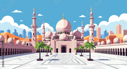 Modern flat vector illustration of Middle Eastern grand mosque with domes, minarets, marble courtyard, and palm trees under blue sky, showing peaceful Islamic architecture