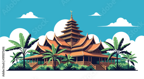 Modern flat vector illustration of Southeast Asian mosque with tiered roofs, wooden structure, and tropical garden, showing regional Islamic architecture