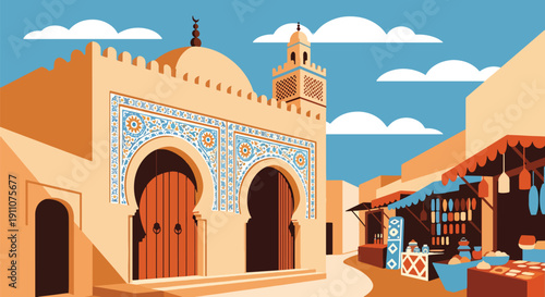 Flat vector illustration of North African mosque with arched doors and mosaic walls in traditional street setting, showing cultural Islamic heritage