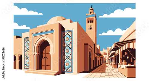 Flat vector illustration of North African mosque with arched doors and mosaic walls in traditional street setting, showing cultural Islamic heritage