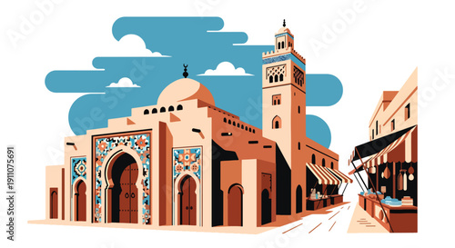 Flat vector illustration of North African mosque with arched doors and mosaic walls in traditional street setting, showing cultural Islamic heritage