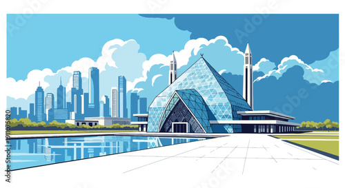 Modern flat vector illustration of glass mosque with geometric facade and reflecting pool in urban plaza, showing contemporary Islamic architecture