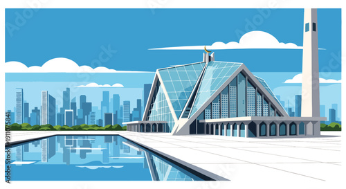 Modern flat vector illustration of glass mosque with geometric facade and reflecting pool in urban plaza, showing contemporary Islamic architecture