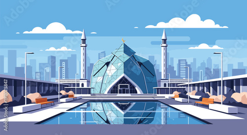 Modern flat vector illustration of glass mosque with geometric facade and reflecting pool in urban plaza, showing contemporary Islamic architecture