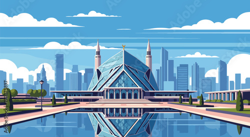 Modern flat vector illustration of glass mosque with geometric facade and reflecting pool in urban plaza, showing contemporary Islamic architecture
