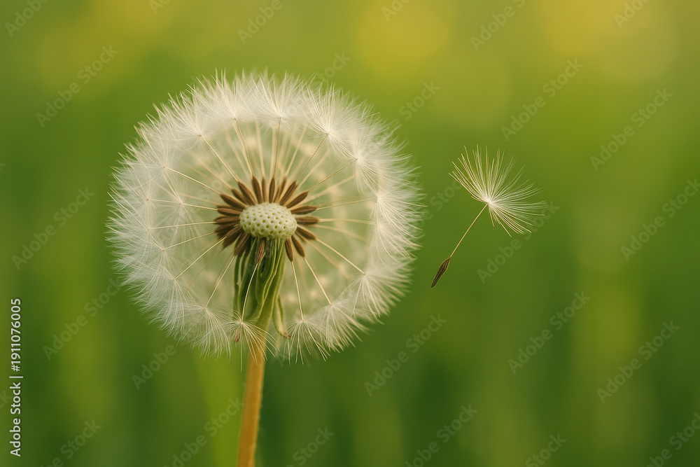 Fototapeta premium Macro view of a dandelion seed head, with a seed in flight against a blurred green background, feathery plumes and subtle texture with muted greens and shallow depth of field, intimate composition