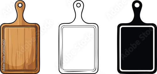 Wooden cutting board silhouette & Outline and illustration set isolated on transparent background