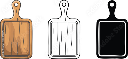 Wooden cutting board silhouette & Outline and illustration set isolated on transparent background