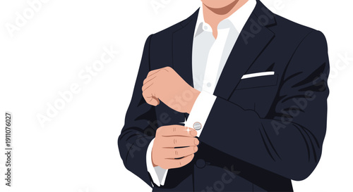 Close-up view of a man in a navy suit adjusting the silver cufflink on his crisp white shirt.