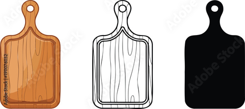 Wooden cutting board silhouette & Outline and illustration set isolated on transparent background