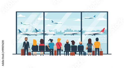Diverse group of travelers waits with luggage at an airport gate, watching airplanes on the tarmac through a window.