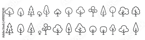 Tree icon set, simple line outline forest and nature symbols collection, minimalist woodland plants and park pictograms, clean linear vector illustration on transparent background