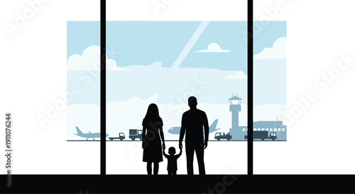 Silhouettes of a family, mother, father, and child, stand watching planes at an airport window.