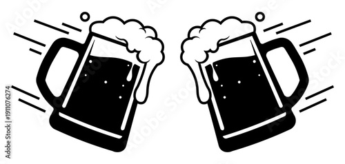 Clinking Beer Mugs With Foam Cheers Toast Icon Black White Vector Illustration silhouette