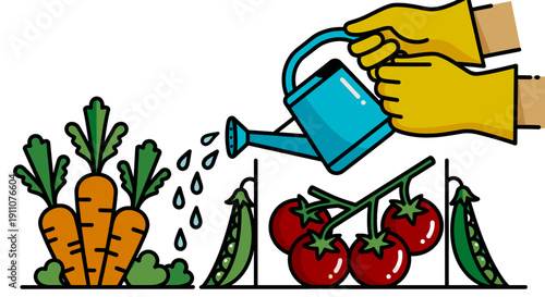 Hands Nurturing a Vibrant Garden With Fresh Tomatoes, Peas, and Carrots During a Sunny Day. Transparent Background