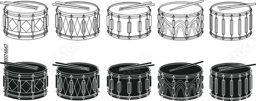 Collection of snare drum line art illustrations with drumsticks, black and white percussion instrument set isolated on white background for music design