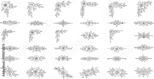 Collection of delicate hand drawn black and white floral corner accents and elegant decorative dividers perfect for wedding invitations and sophisticated design projects