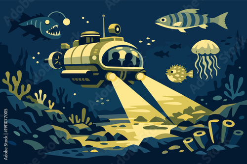 Submarine with two people exploring the seabed, finding various fish and jellyfish