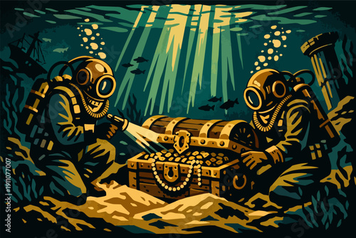 Underwater explorers finding treasure chest filled with gold and valuable jewelry