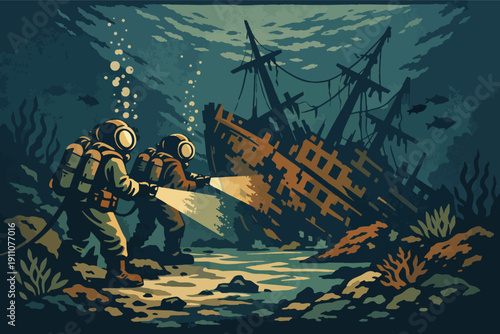 Scuba divers exploring old shipwreck on ocean floor, searching ancient treasures