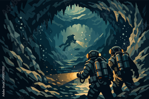 Scuba divers exploring dark underwater cave complex with rock formations and light beams