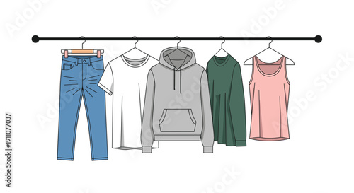 Assortment of men's casual clothing garments including jeans, t-shirt, hoodie, long-sleeve shirt, and tank top hanging on a rail.