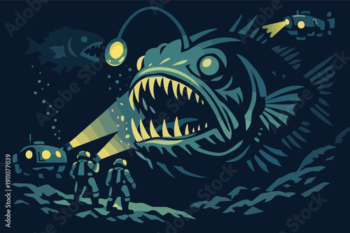 Deep sea explorers encountering giant anglerfish with bioluminescent lure