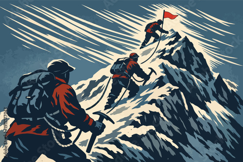 Climbers ascending a steep mountain peak, reaching for the red flag summit