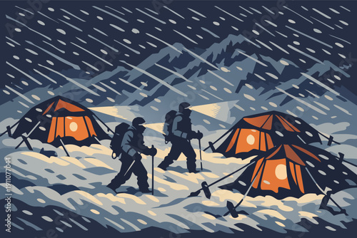 Mountain climbers finding shelter in a winter storm at high altitude base camp